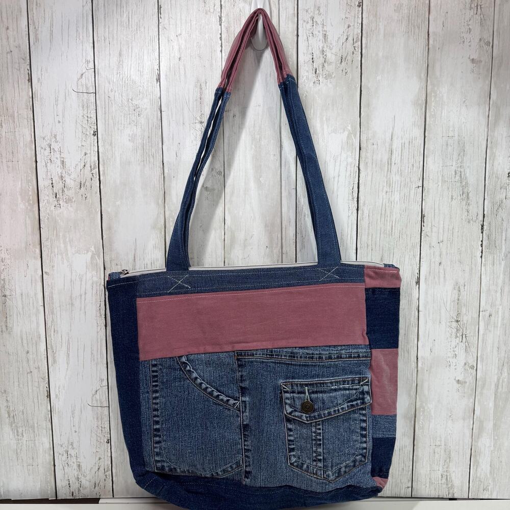 Large Denim Zippered Tote Bag: Upcycled, Pink and Blue